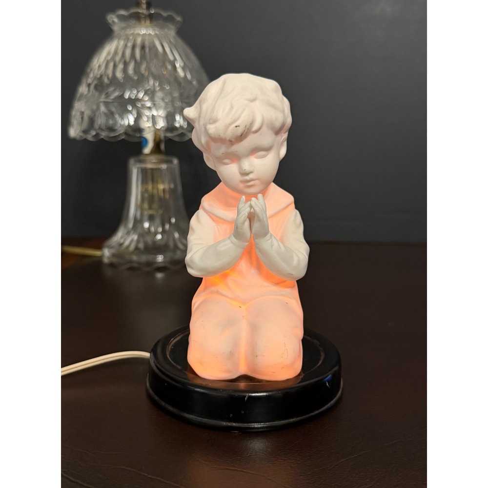 Vintage Enesco Praying Boy Porcelain Night Light Figurine Bisque Table Lamp - Picture 1 of 10